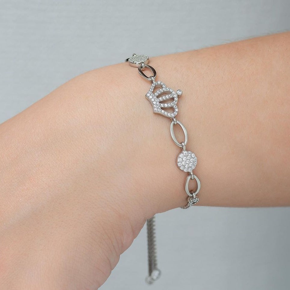 King Crown White Round Brilliant Cut Signity Diamond Pave Bracelet | Adjustable Bracelet For Girl | First Communication Gift For Her