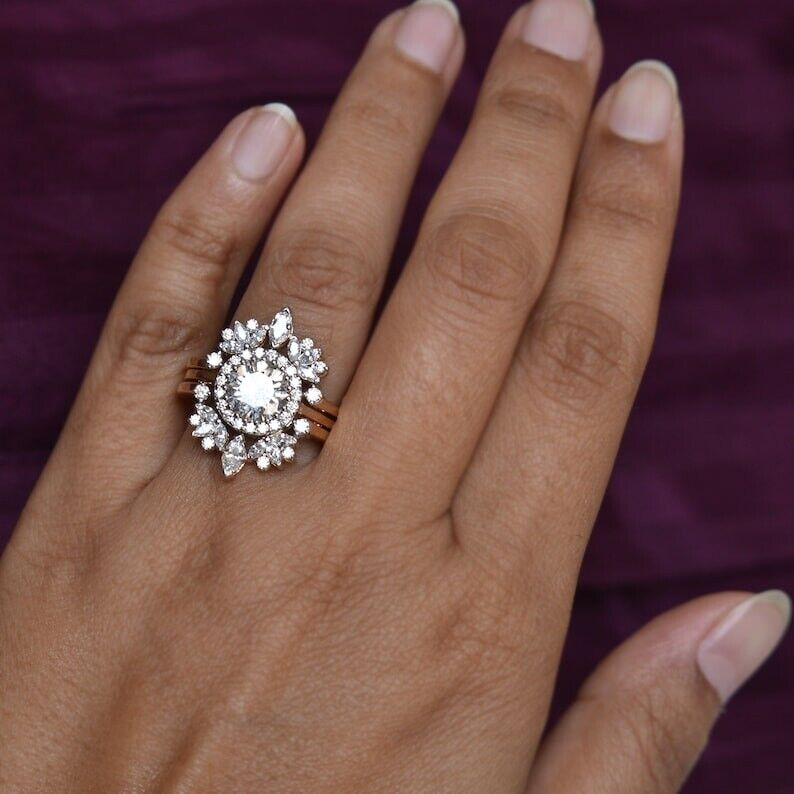3.10Ct White Round Cut Halo Ring Set | Designer Ring Set | Party Wear Ring Set | Fashion Jewelry