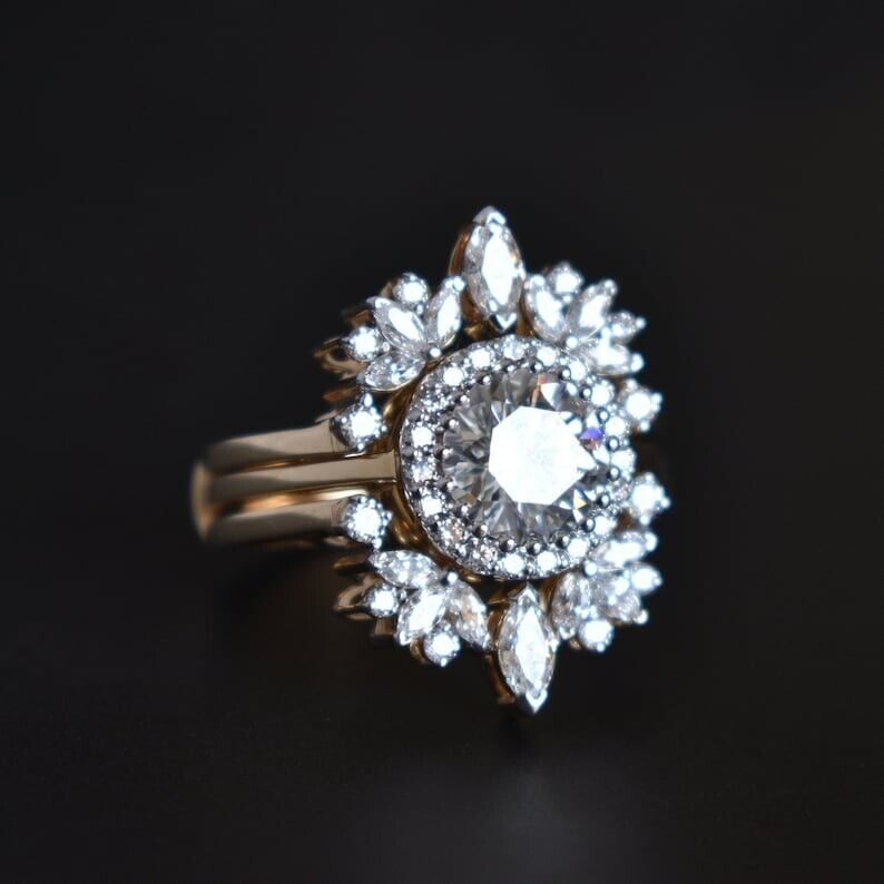 3.10Ct White Round Cut Halo Ring Set | Designer Ring Set | Party Wear Ring Set | Fashion Jewelry
