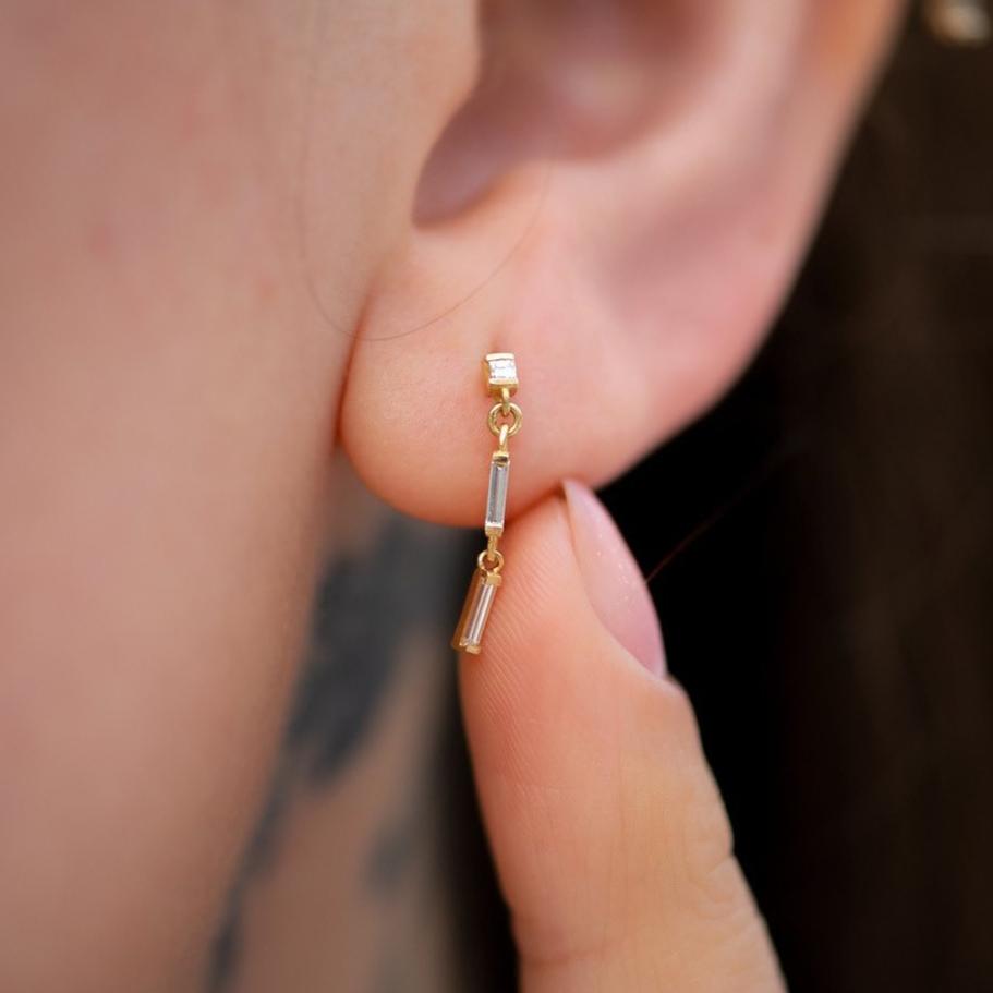 White Baguette Cut Cubic Zirconia Bar Set Double Drop Earring For Women | Minimalist Earring For Her | Promise Gift Drop Earring For Girlfriend