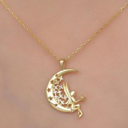 Fairy on the Moon Shape 1.50Ct White Round Cut Prong Pendant | Surprise Gift Pendant For Her | Sentimental Gift Pendant | Women Jewelry
