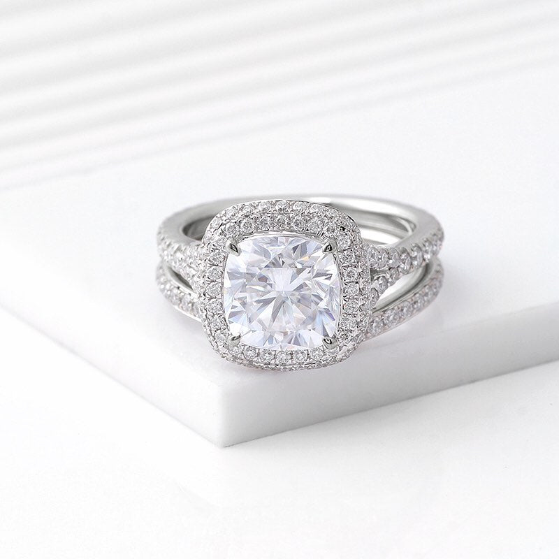 3.2Ct White Cushion Cut Halo Setting Ring | Engagement Bride Ring Set | Double Band Ring Set | Fashionable Jewelry For Women