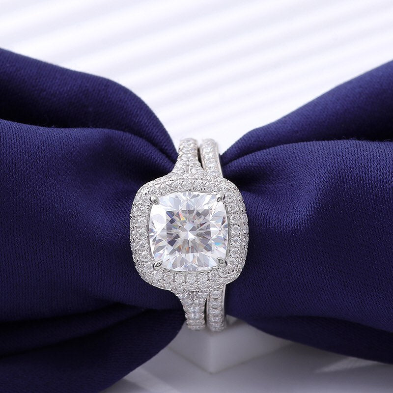 3.2Ct White Cushion Cut Halo Setting Ring | Engagement Bride Ring Set | Double Band Ring Set | Fashionable Jewelry For Women