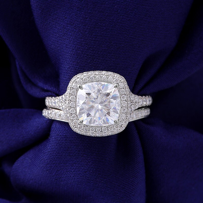 3.2Ct White Cushion Cut Halo Setting Ring | Engagement Bride Ring Set | Double Band Ring Set | Fashionable Jewelry For Women