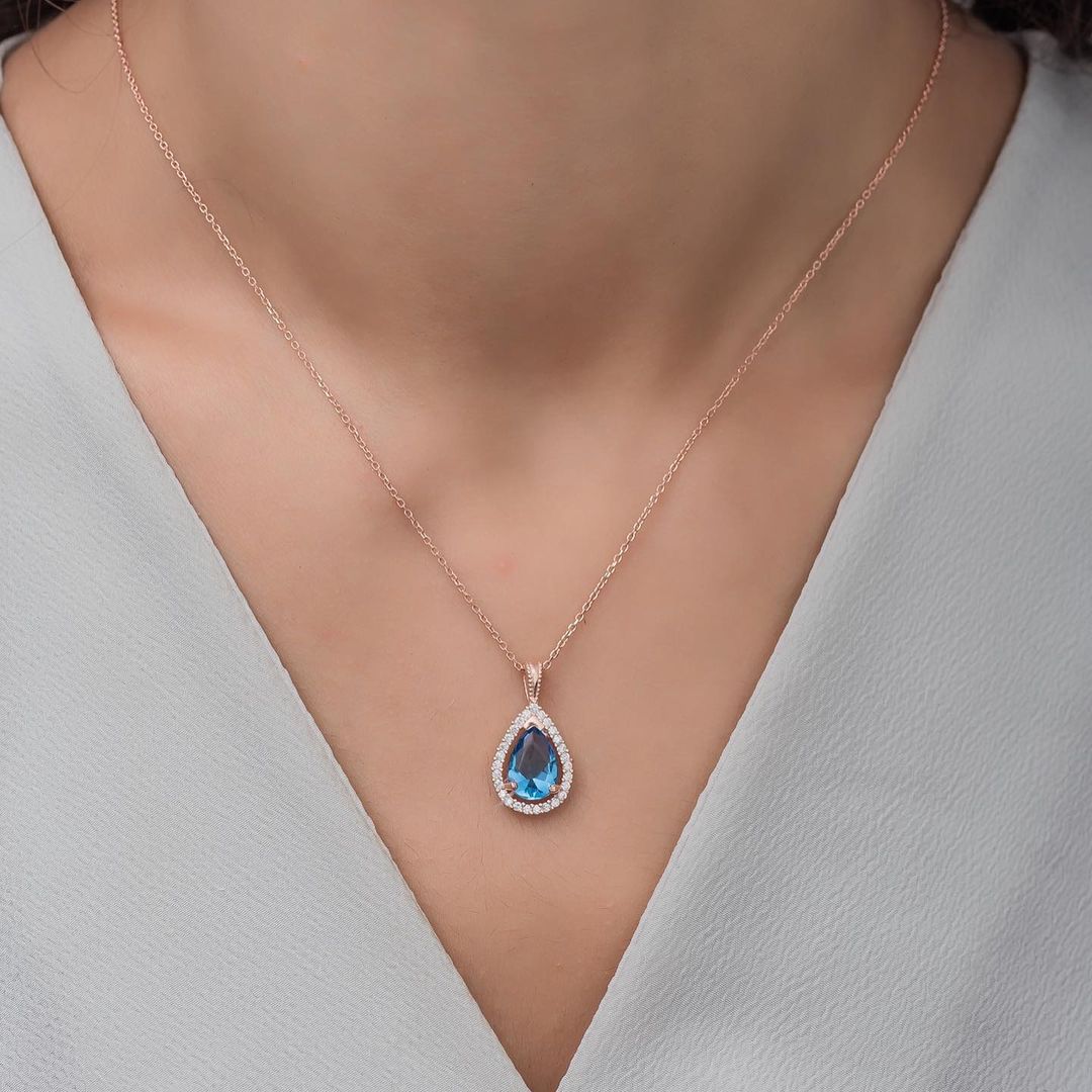 2.80Ct Aquamarine Color Pear Cut Halo Pendant | Wedding Gift Pendant For Women | Bridal Jewelry | Gorgeous Pendant