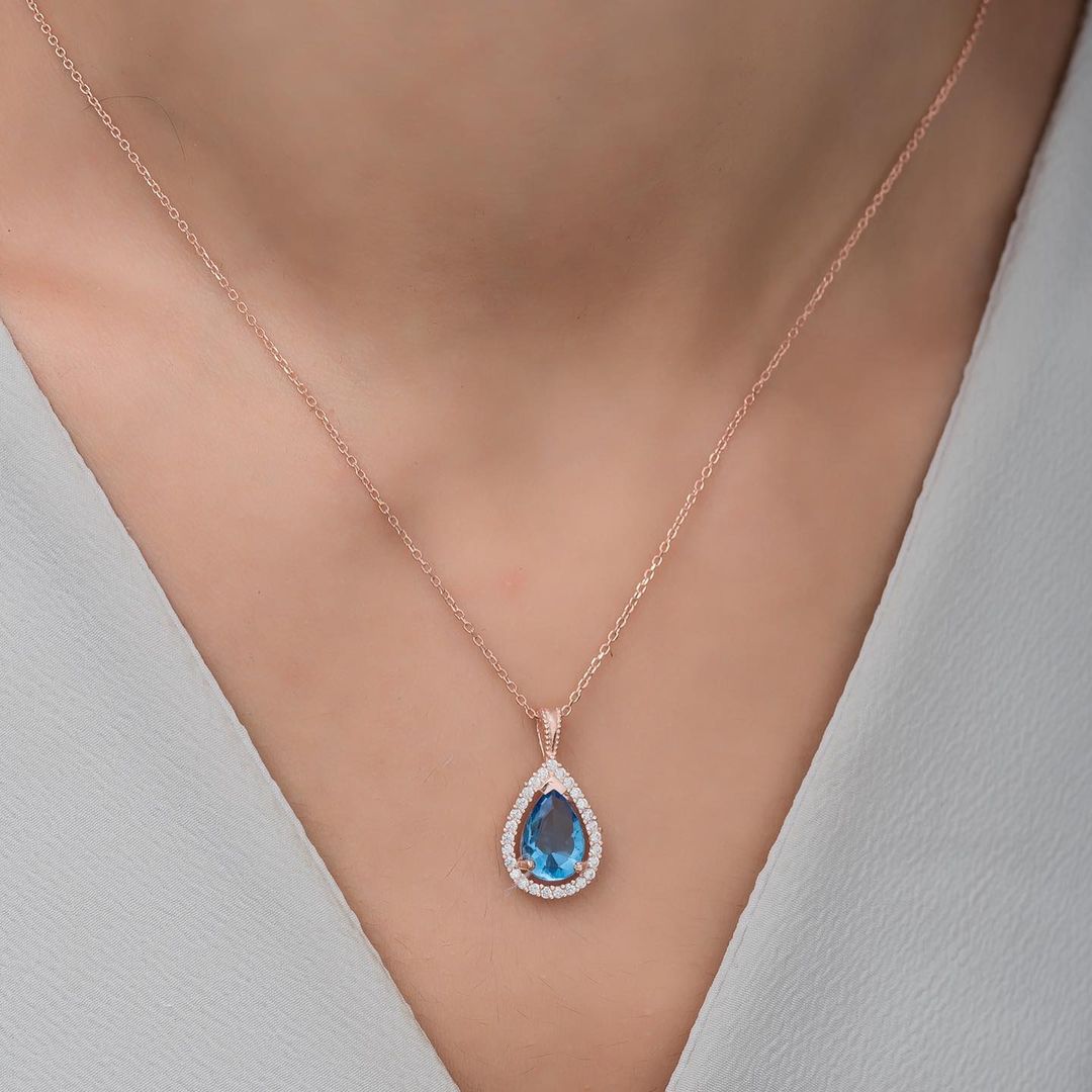 2.80Ct Aquamarine Color Pear Cut Halo Pendant | Wedding Gift Pendant For Women | Bridal Jewelry | Gorgeous Pendant