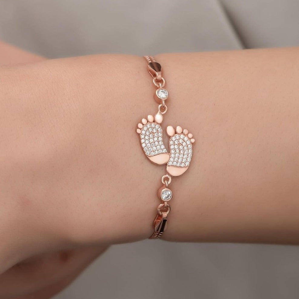 Foot Print White Round Brilliant Cut Signity Diamond Cluster Bracelet | Baby Shower Ceremony Gift Bracelet | Lovable Mom To Be | Child Born Gift Bracelet | Women Jewelry
