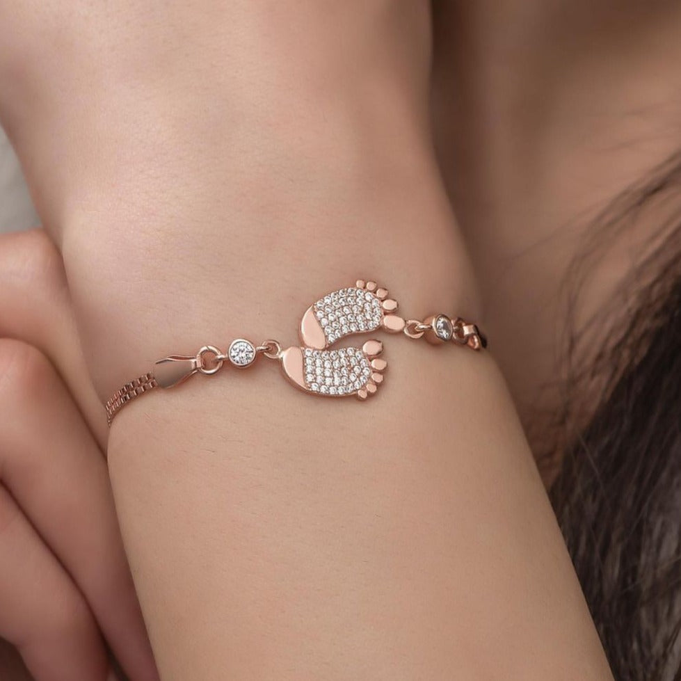Foot Print White Round Brilliant Cut Signity Diamond Cluster Bracelet | Baby Shower Ceremony Gift Bracelet | Lovable Mom To Be | Child Born Gift Bracelet | Women Jewelry
