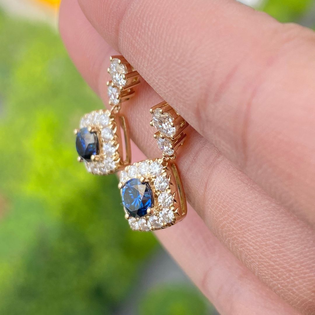 Blue Round Cut Cubic Zirconia Halo Drop Earring For Women | Engagement Gift Earring For Fiancee | Special Occasion Gift Earring