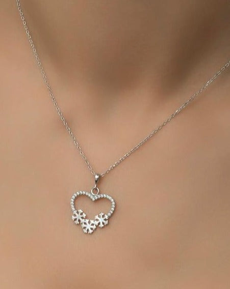 Snowflake With Heart Shape 1.50Ct White Round Cut Pave Pendant | Engagement Gift For Fiancée | Elegant Jewelry Piece | Women Jewelry
