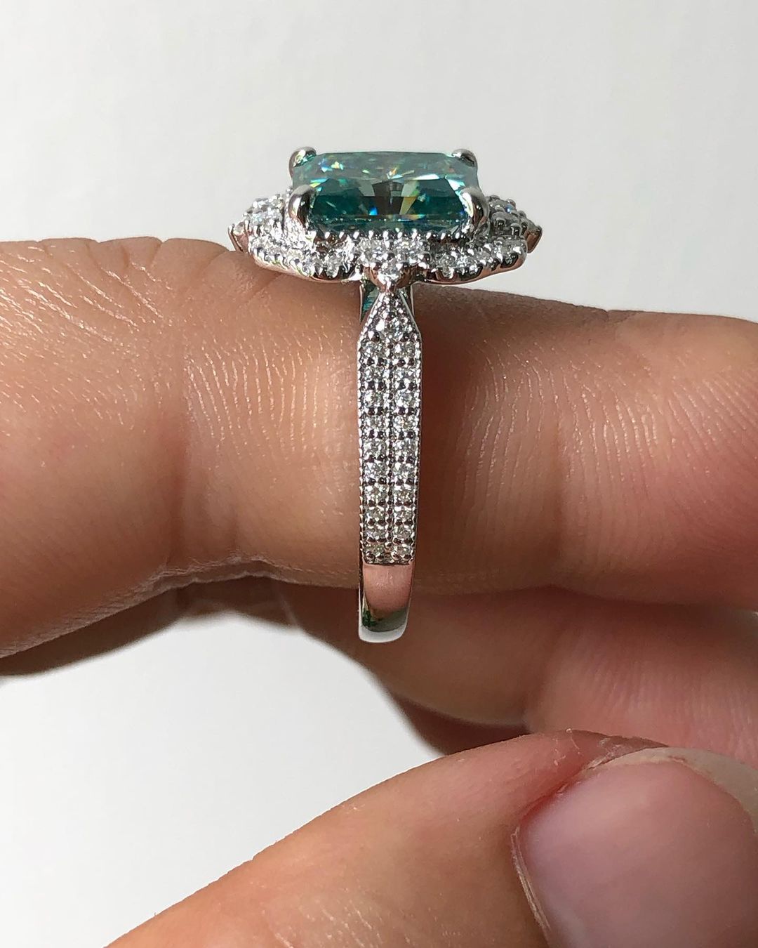 Vintage 2.80Ct Green Blue Radiant Cut Moissanite Halo Ring | Perfect Wedding Ring For Bridal | Delicate Solo Diamond Ring | Special Occasion Ring