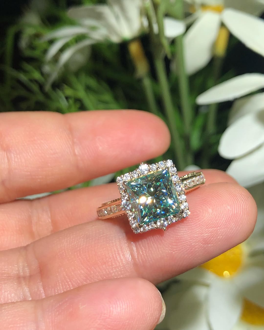 2.70Ct Green Blue Princess Cut Moissanite Halo Ring | Bridesmaid Jewelry Gift | Valentine Proposal Gift Ring