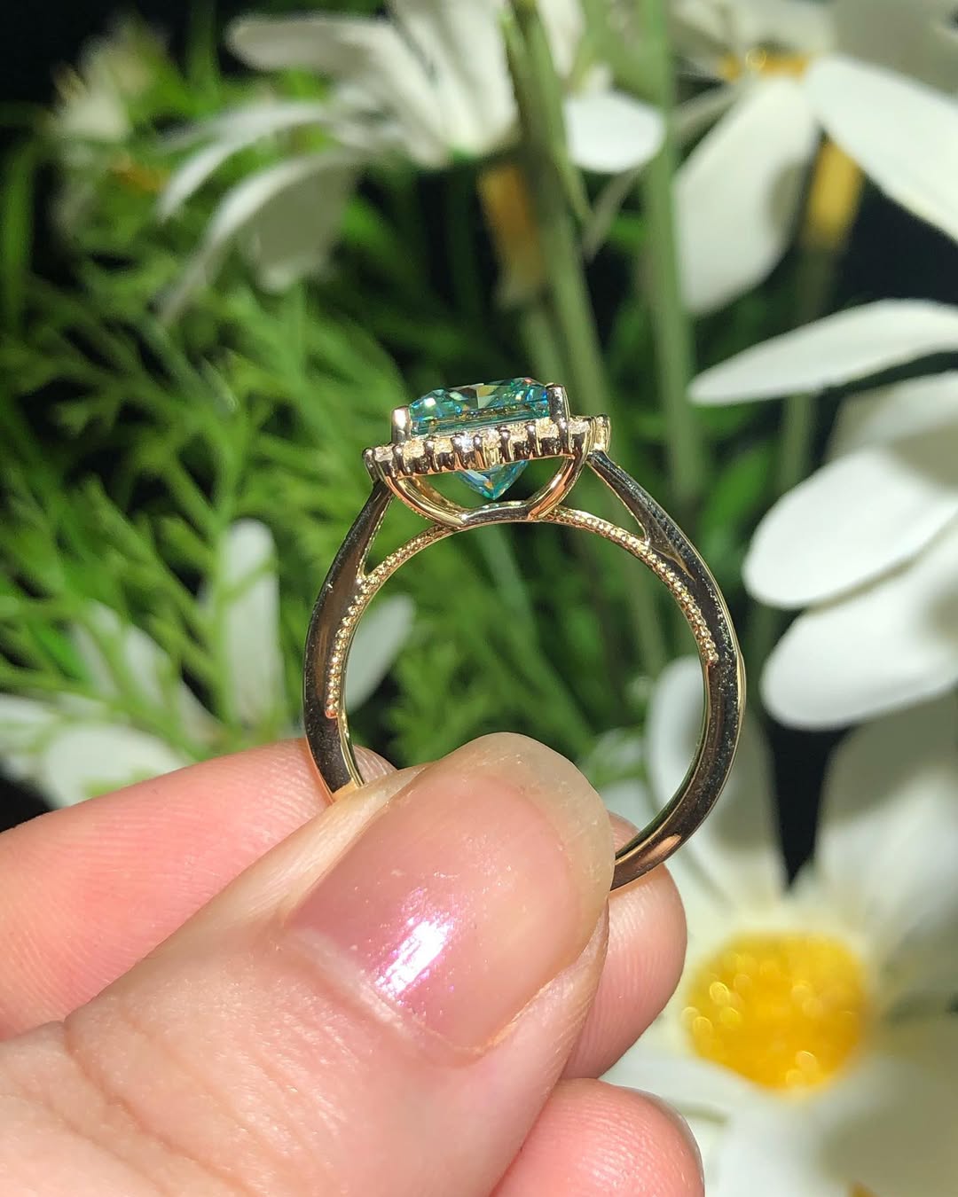 2.70Ct Green Blue Princess Cut Moissanite Halo Ring | Bridesmaid Jewelry Gift | Valentine Proposal Gift Ring