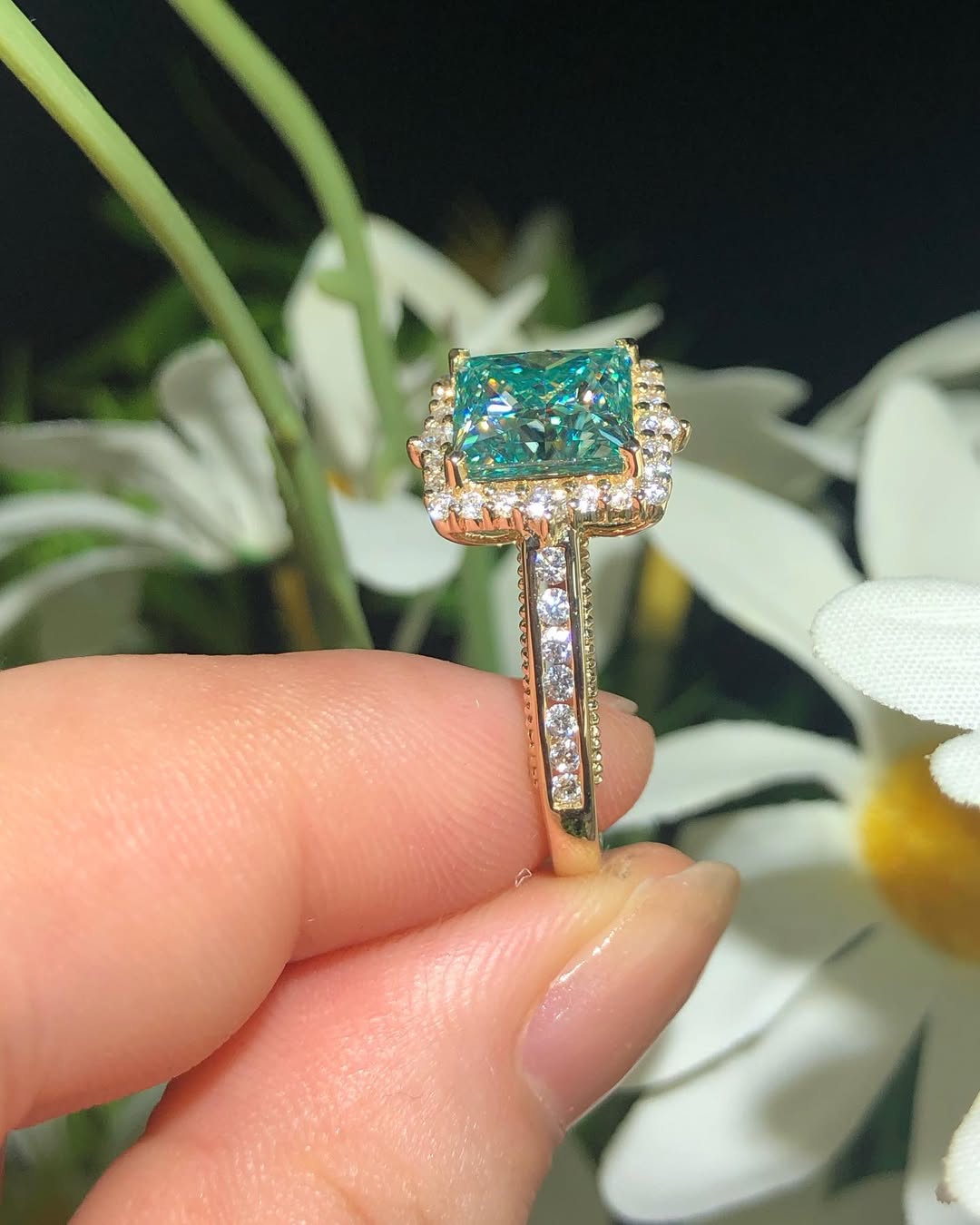 2.70Ct Green Blue Princess Cut Moissanite Halo Ring | Bridesmaid Jewelry Gift | Valentine Proposal Gift Ring