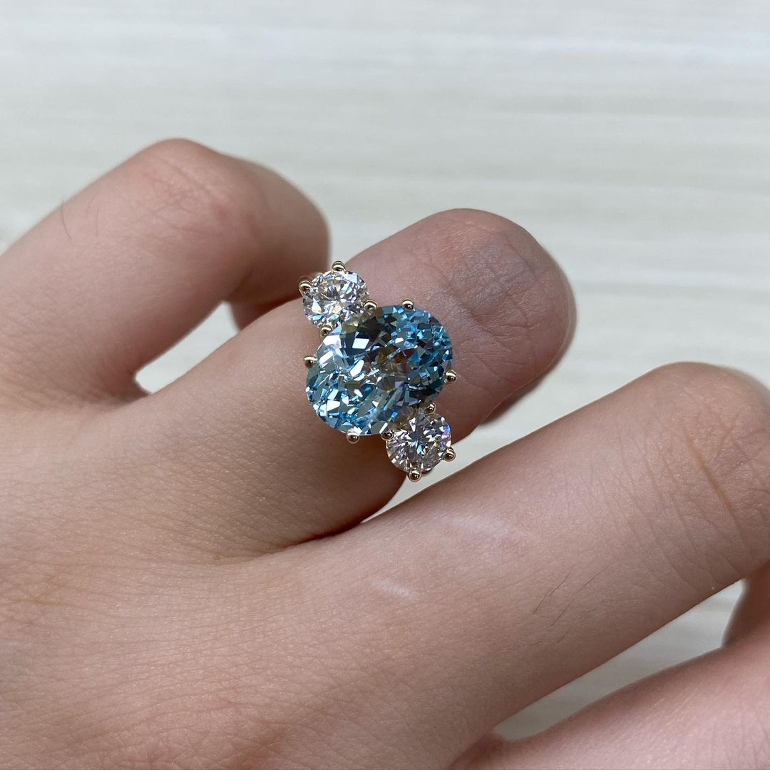3.30Ct Aquamarine Color Oval Cut Three Stone Ring | Anniversary Gift Ring For Wife | Fashion Jewelry