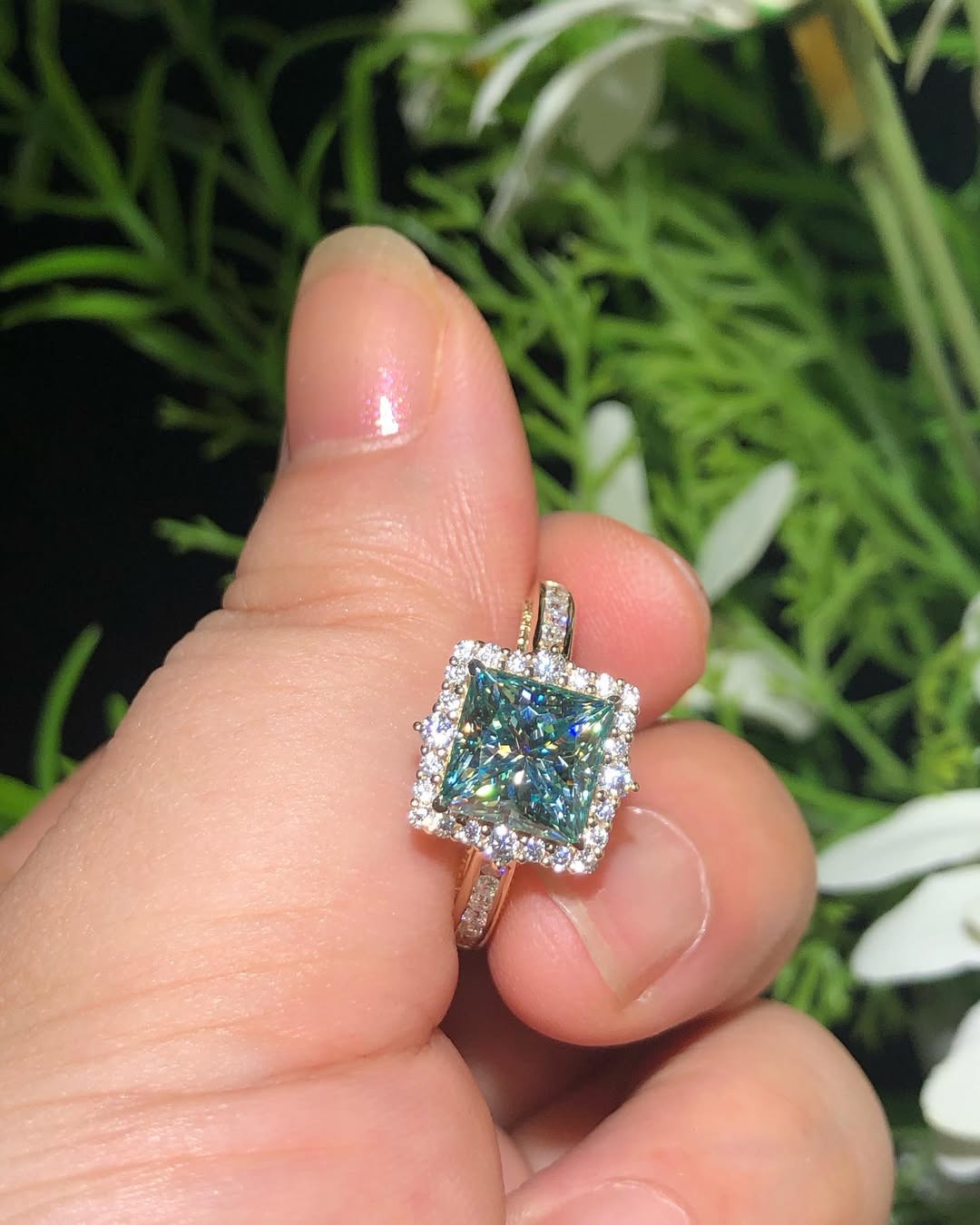 2.70Ct Green Blue Princess Cut Moissanite Halo Ring | Bridesmaid Jewelry Gift | Valentine Proposal Gift Ring