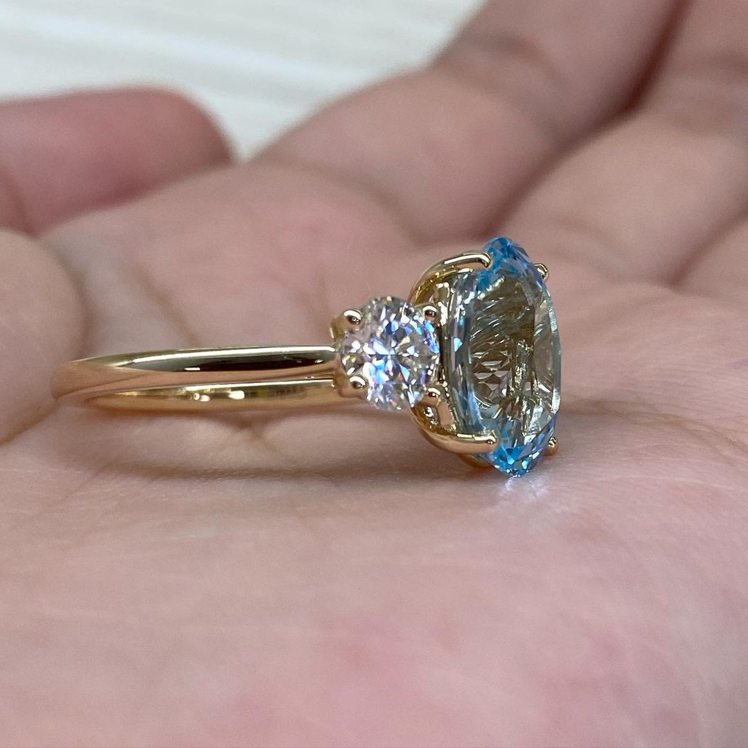 3.30Ct Aquamarine Color Oval Cut Three Stone Ring | Anniversary Gift Ring For Wife | Fashion Jewelry