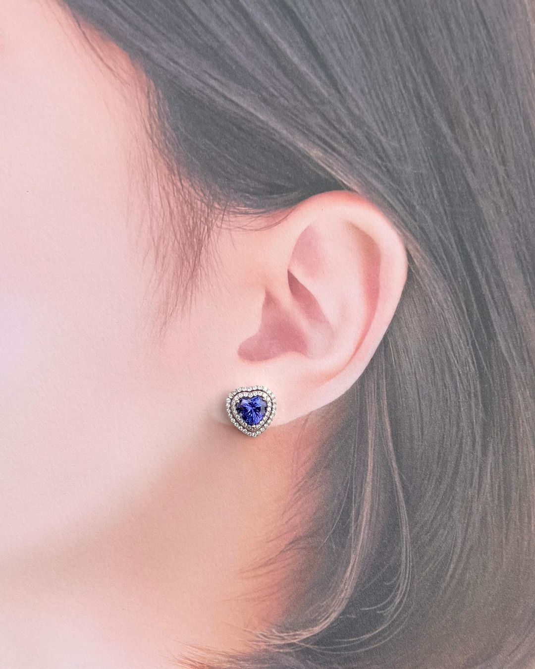 Blue Heart Cut Cubic Zirconia Double Halo Stud Earring | Push Back Earring For Women | Engagement Bride Gift Earring