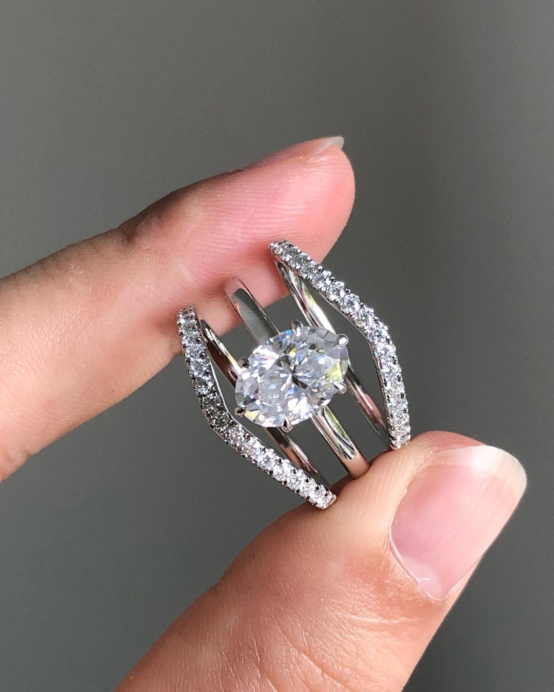 2.80Ct White Oval Cut Solitaire Ring Set | Party Wear Ring Set | Triple Band Ring Set