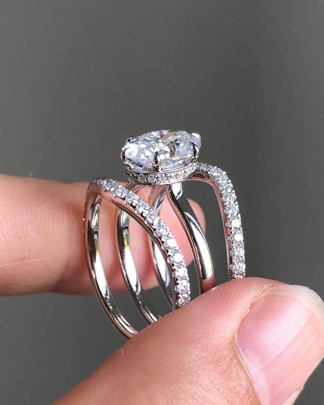 2.80Ct White Oval Cut Solitaire Ring Set | Party Wear Ring Set | Triple Band Ring Set