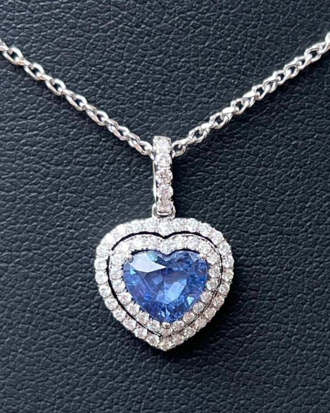 2.80Ct Blue Heart Cut Double Halo Pendant | Engagement Gift Pendant For Her | Anniversary Gift Pendant For Wife | Lovable Jewelry Piece