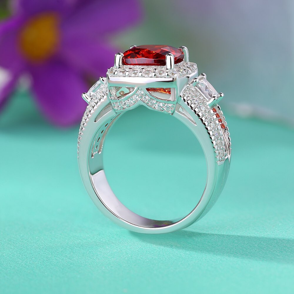 3.20Ct Red Cushion Cut Halo Ring | Wedding Ring | Bride To Be | Bridal Jewelry