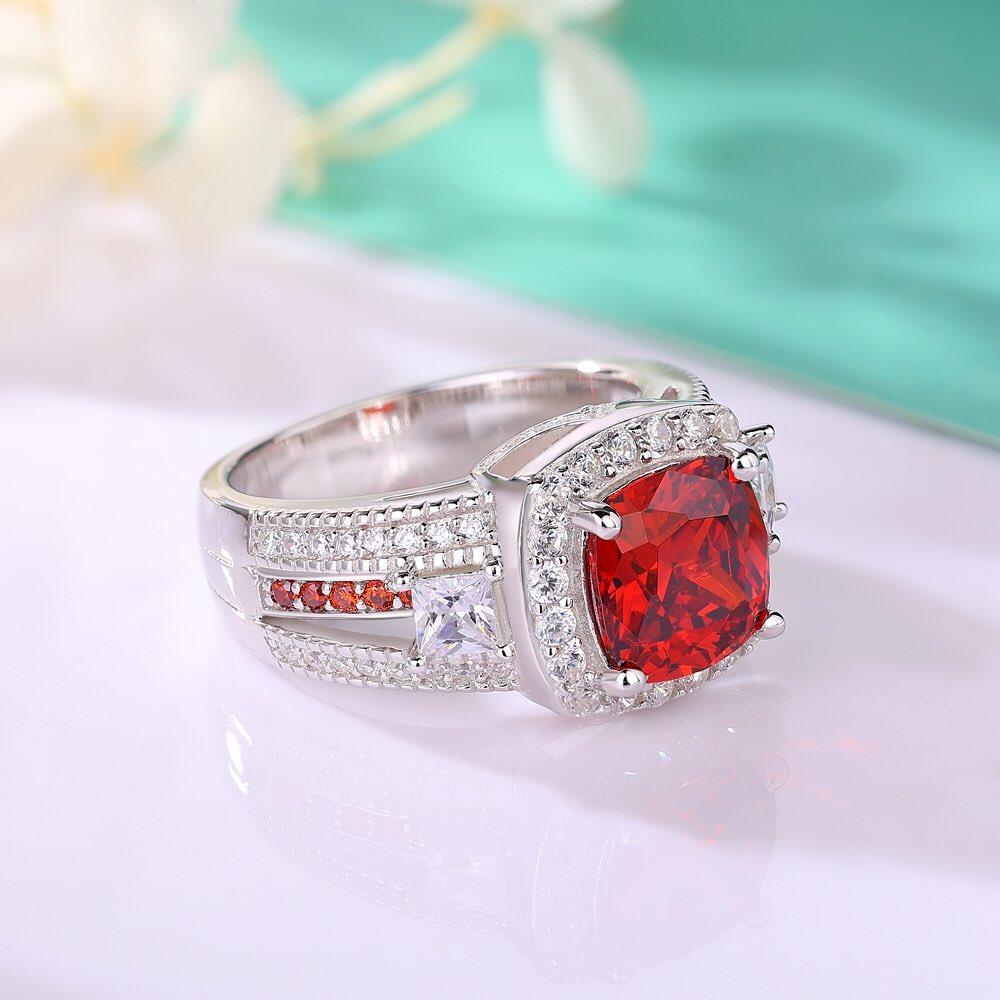 3.20Ct Red Cushion Cut Halo Ring | Wedding Ring | Bride To Be | Bridal Jewelry