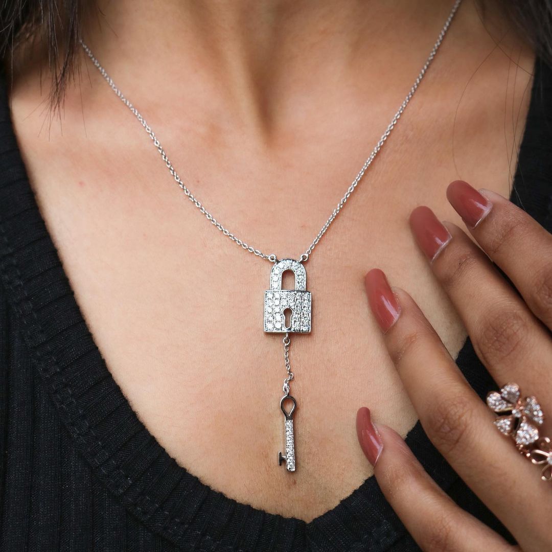 Lock And Key Shape 3.50Ct White Round Cut Cluster Pendant | Designer Pendant | Timeless Design | Stunning Pendant | Jewelry Collection