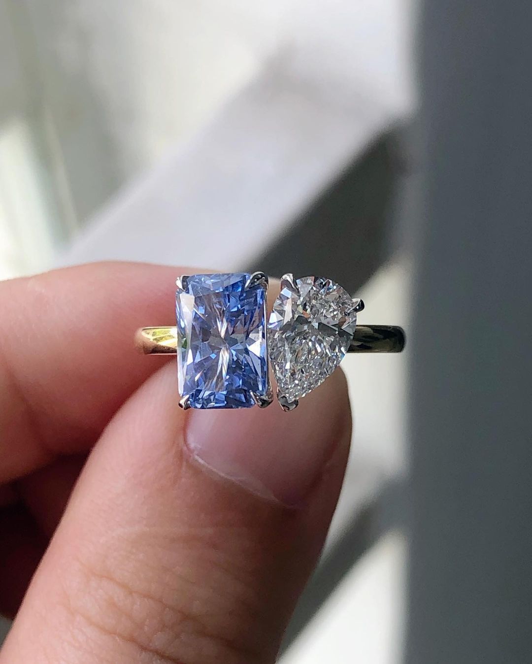 3.20Ct White Pear And Blue Radiant Cut Two Stone Ring | Toi Et Moi Ring | Engagement Ring