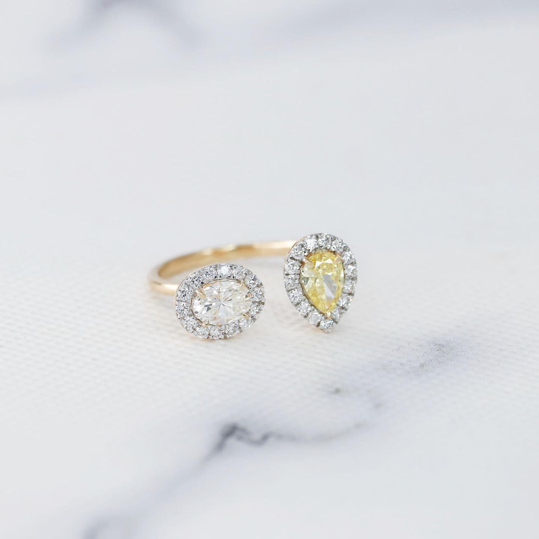 2.98Ct White Oval And Canary Yellow Pear Cut Two Stone Ring | Toi Et Mo Ring | Gift For Women