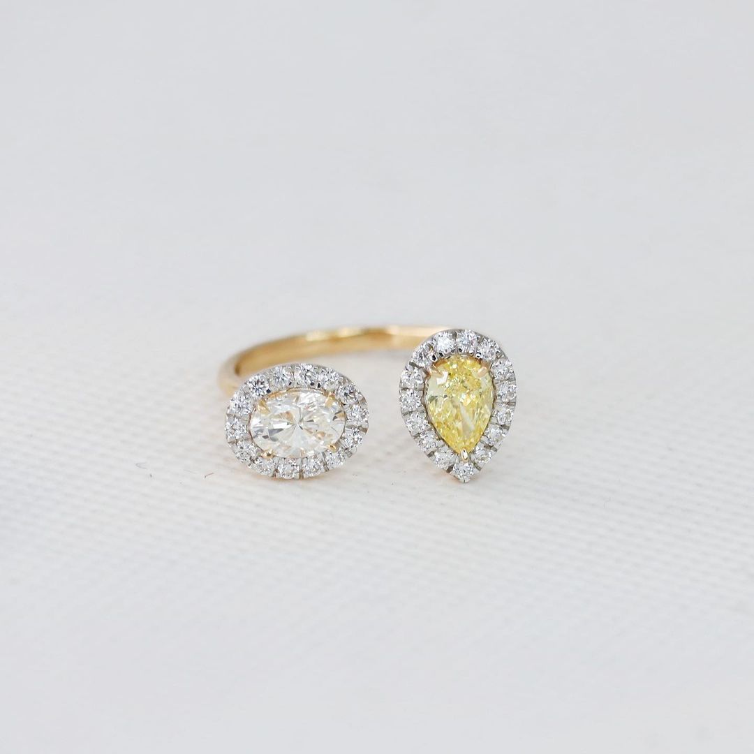 2.98Ct White Oval And Canary Yellow Pear Cut Two Stone Ring | Toi Et Mo Ring | Gift For Women