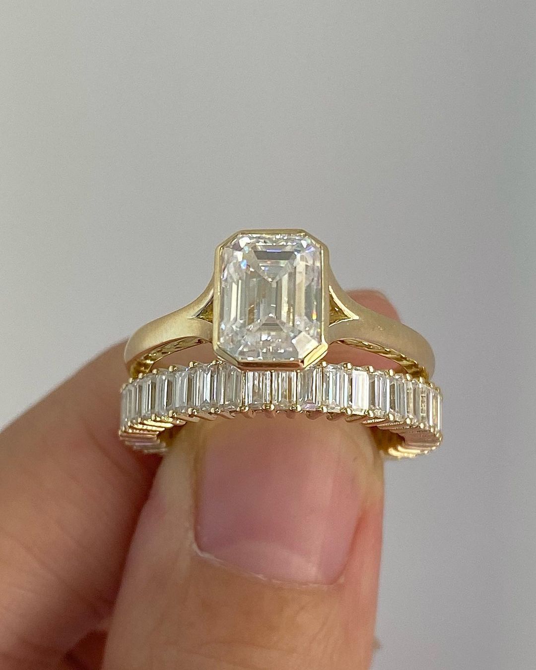 3.30Ct White Emerald Cut Bezel Ring Set | Split Shank Ring Set | Anniversary Gift Ring Set For Wife | Designer Ring Set