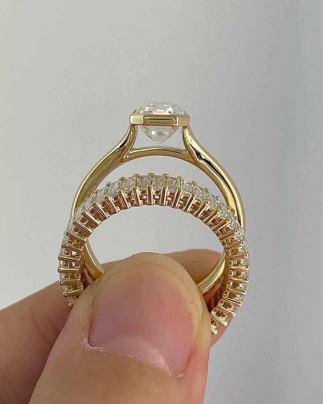 3.30Ct White Emerald Cut Bezel Ring Set | Split Shank Ring Set | Anniversary Gift Ring Set For Wife | Designer Ring Set
