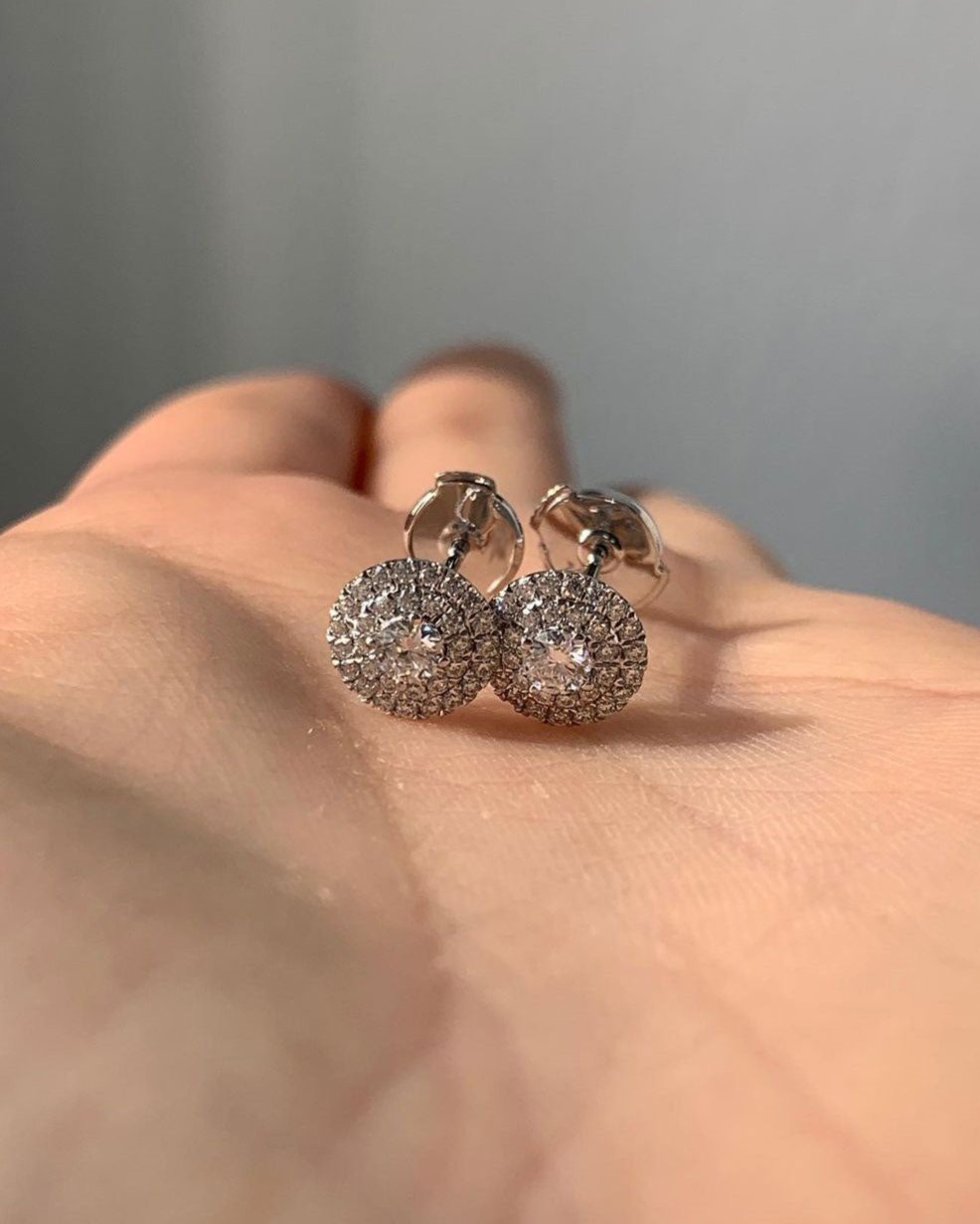 White Round Cut Cubic Zirconia Double Halo Earrings For Her | Everyday Wear Earring For Women | Baby Shower Gift Earring