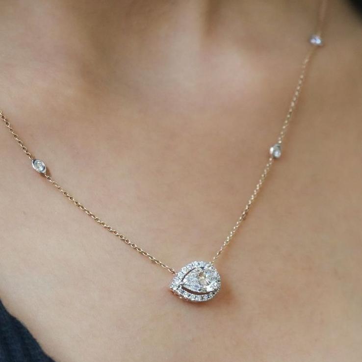 2.80Ct White Pear Cut Halo Pendant | Engagement Gift Pendant For Fiancée | Everyday Wear Pendant For Her | Women Jewelry