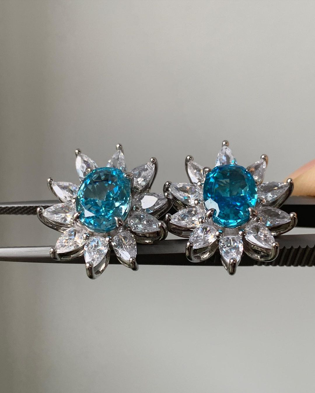 Aquamarine Oval Cut Cubic Zirconia Solitaire With Cluster Stud Earring | Party Wear Earring For Women | Bride To Be Earring | Fashion Jewelry Collection