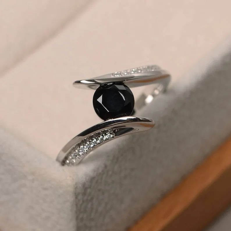 2.5CT Black Round Cut Tension Ring | Birthstone Ring For Her | Jewelry For Women | Delicate Ring