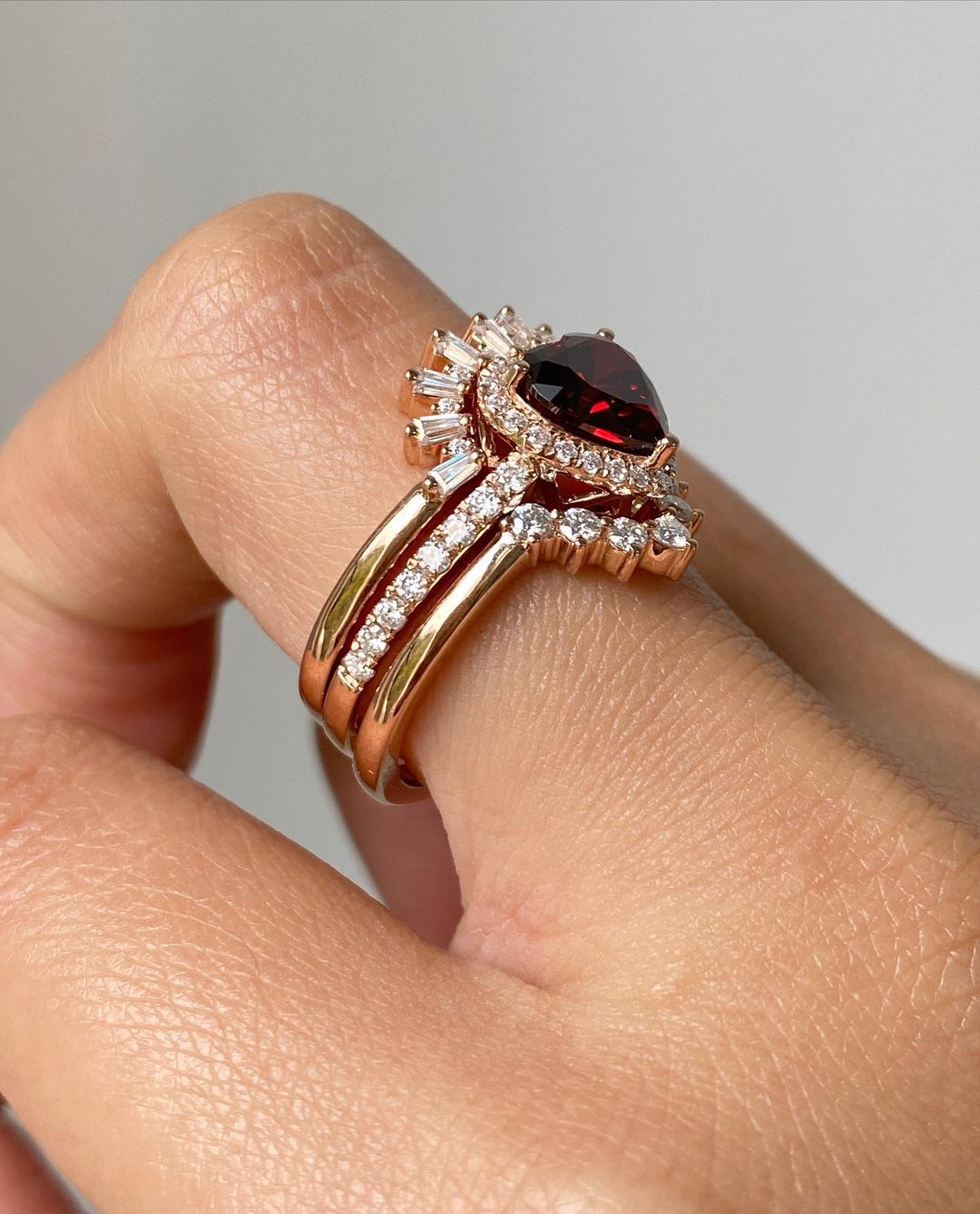 2.60Ct Red Heart Cut Halo Ring Set | Bridal Wedding Ring Set | Triple Band Ring Set | Fashion Jewelry