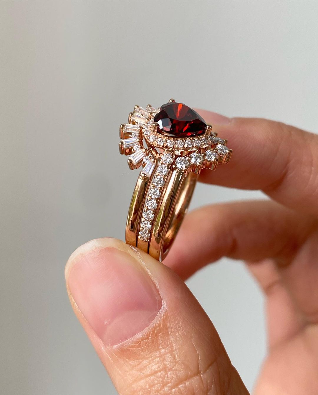 2.60Ct Red Heart Cut Halo Ring Set | Bridal Wedding Ring Set | Triple Band Ring Set | Fashion Jewelry