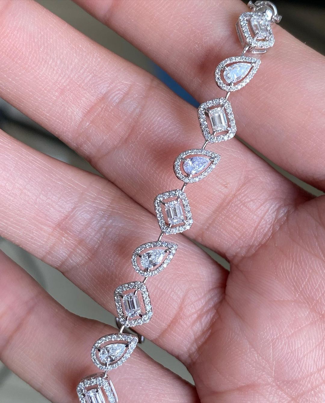 White Emerald And Pear Brilliant Cut Signity Diamond Tennis Bracelet For Women | Solitaire With Halo Tennis Bracelet | Anniversary Gift