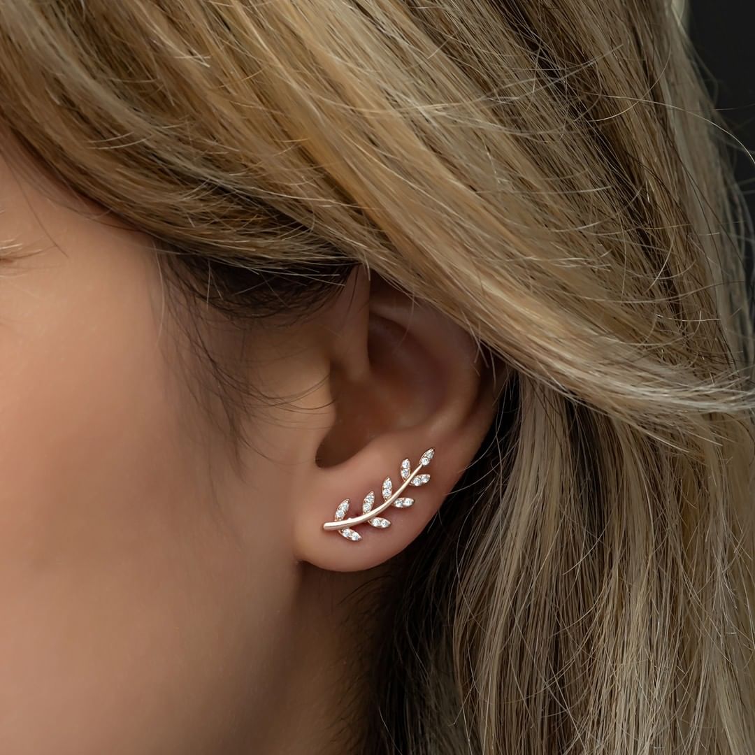 Branch Model White Marquise Cut Cubic Zirconia Prong Set Ear Climber Earring For Women | Anniversary Gift Earring For Wife | Thank You Gift Earring