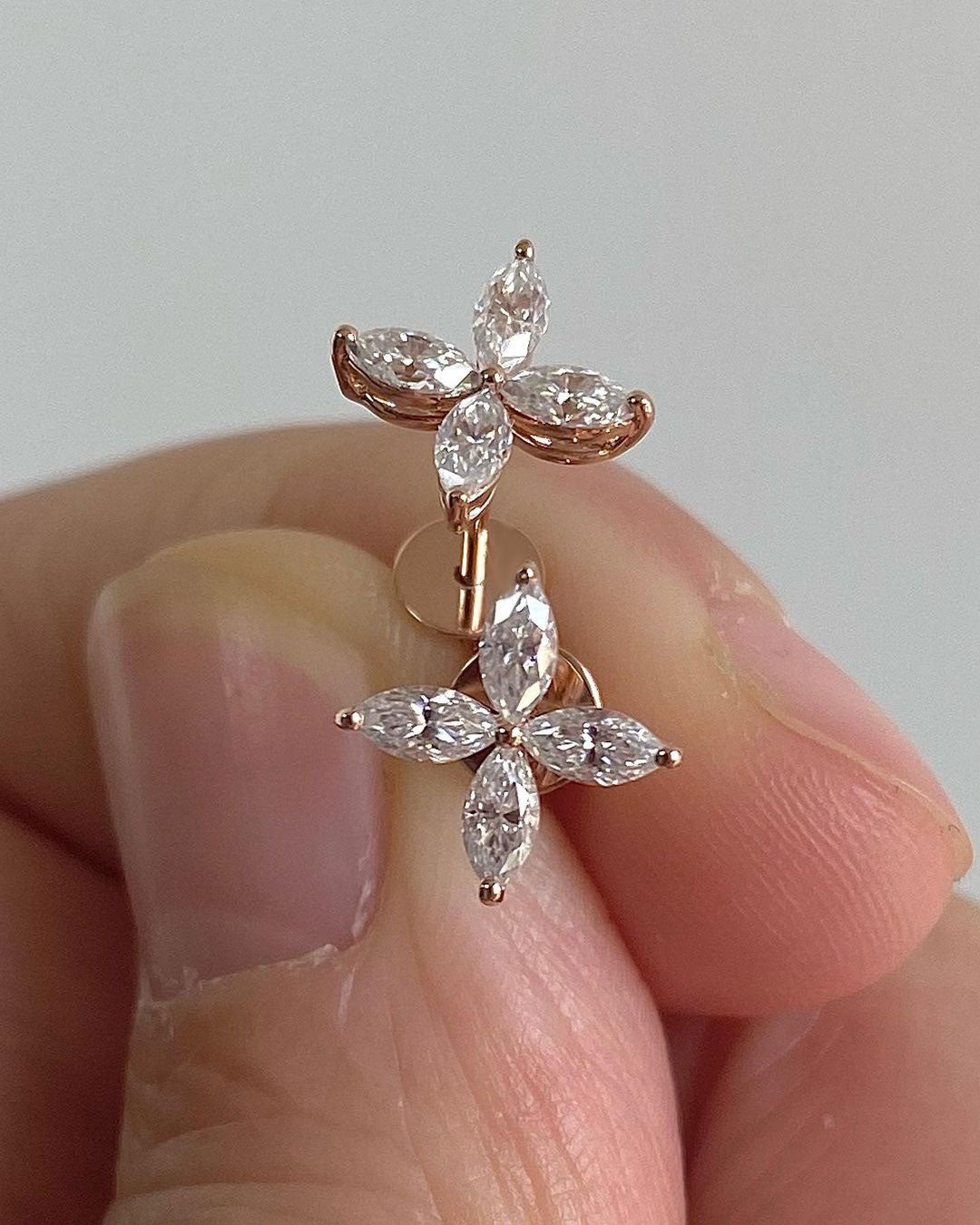 White Marquise Cut Cubic Zirconia Prong Set Stud Earrings | Simple Flower Stud Earring For Her | Four Stone Stud Earring