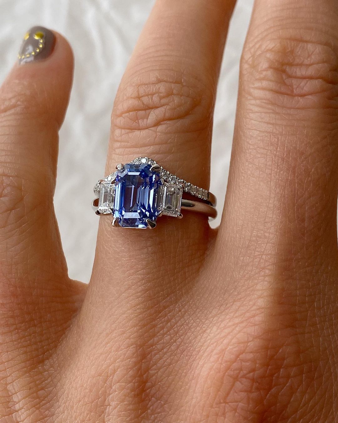 2.8Ct Blue Emerald Cut Three Stone Ring Set | Wedding Ring Set | Bridal Ring Set | Gift For Her