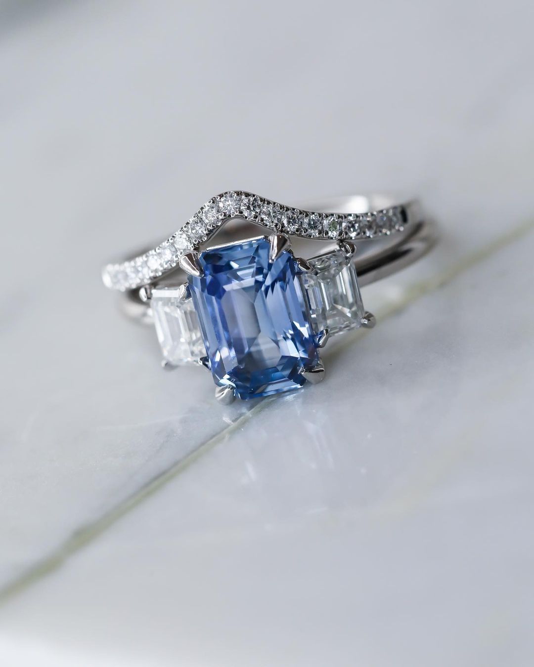 2.8Ct Blue Emerald Cut Three Stone Ring Set | Wedding Ring Set | Bridal Ring Set | Gift For Her