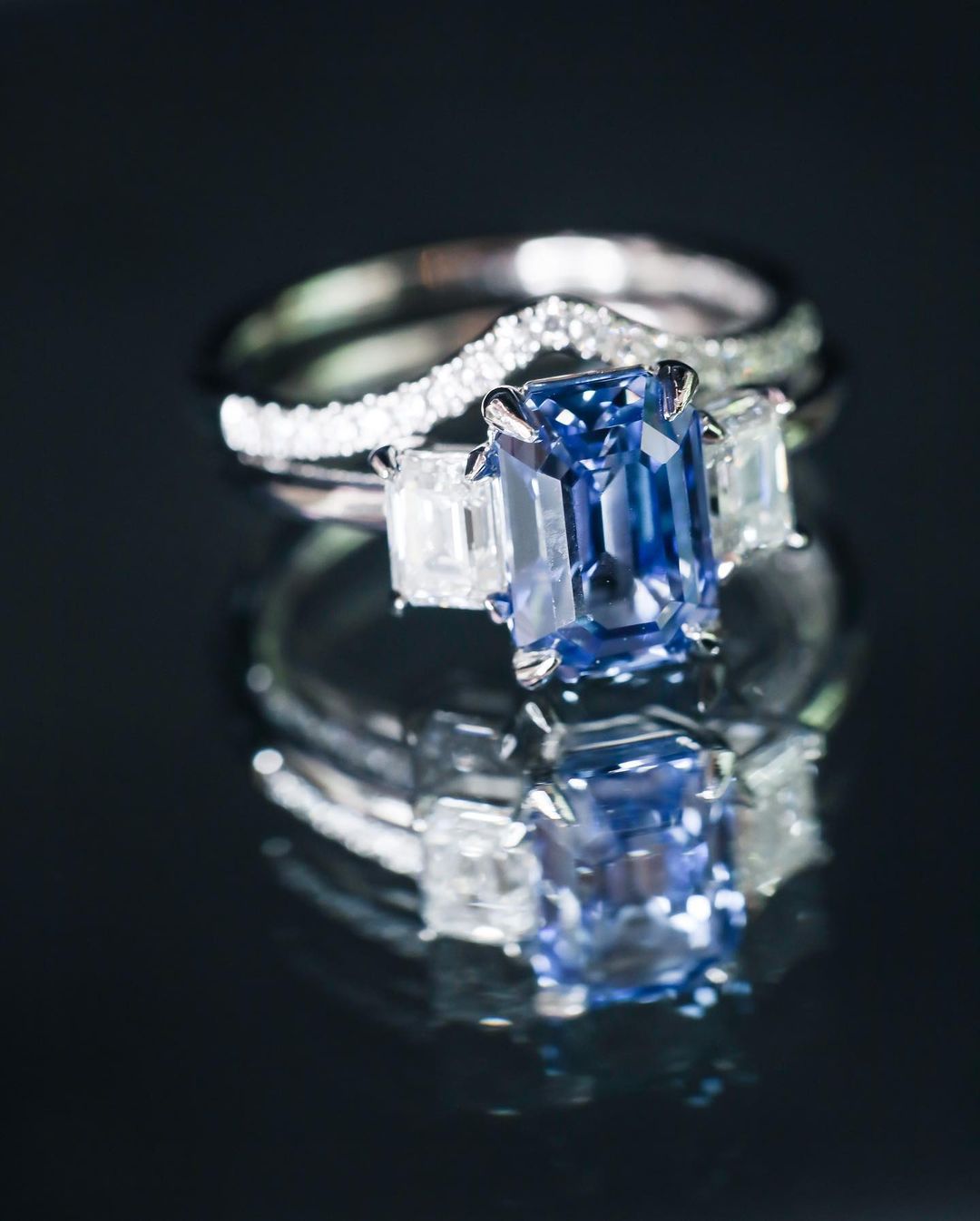 2.8Ct Blue Emerald Cut Three Stone Ring Set | Wedding Ring Set | Bridal Ring Set | Gift For Her