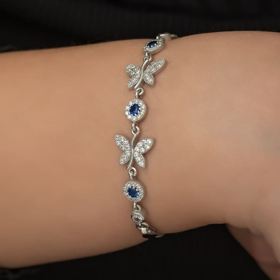 Blue Round Halo And Butterfly Pave Brilliant Cut Signity Diamond Bracelet For Women | Birthday Gift For Her | Fashion Jewelry