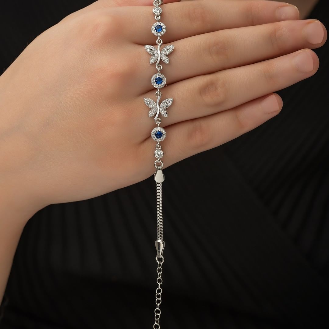 Blue Round Halo And Butterfly Pave Brilliant Cut Signity Diamond Bracelet For Women | Birthday Gift For Her | Fashion Jewelry