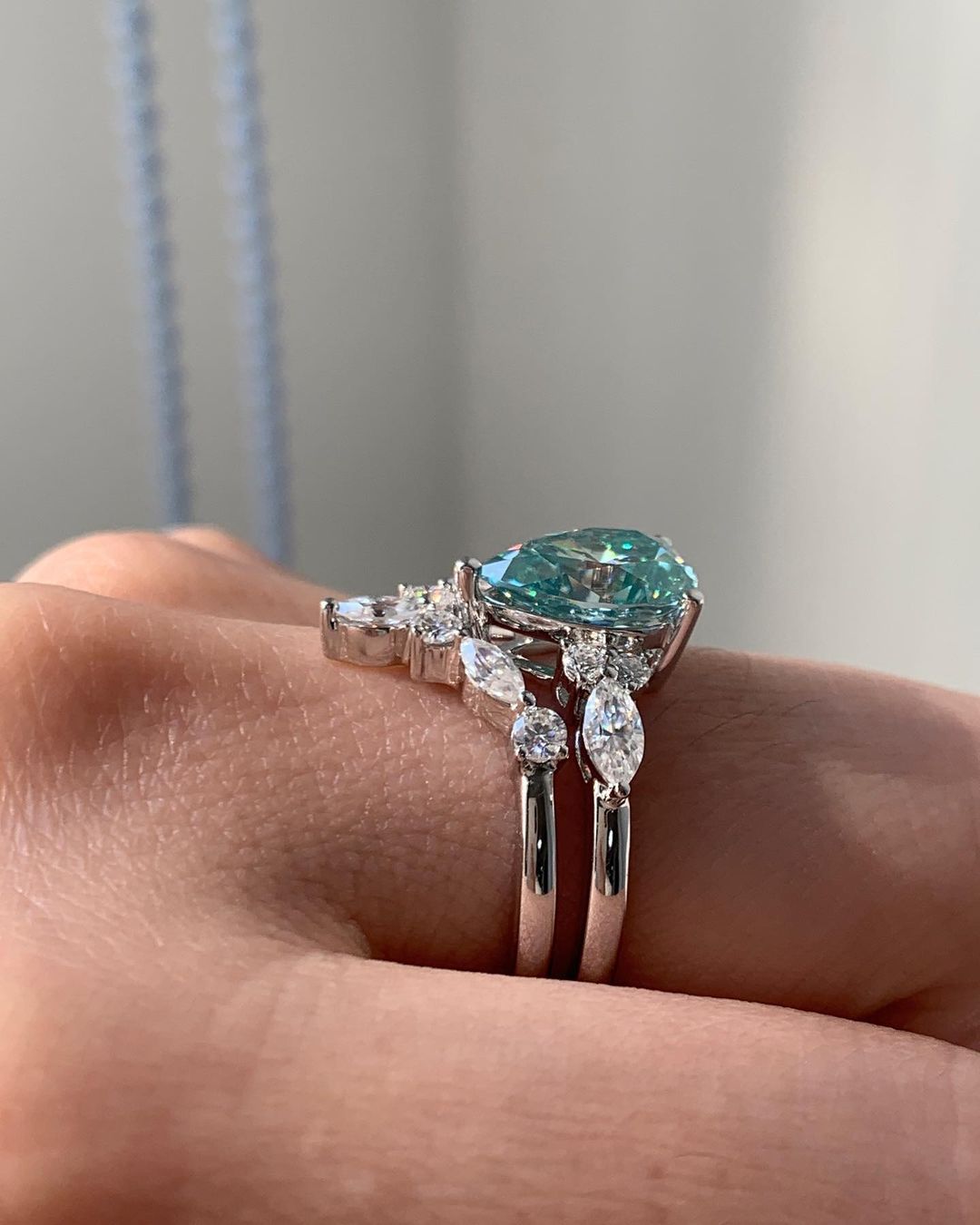 2.80Ct Green Blue Pear Cut Moissanite Solitaire Ring Set | Anniversary Gift Ring Set For Wife | Wedding Ring Set For Bridal | Fashion Jewelry