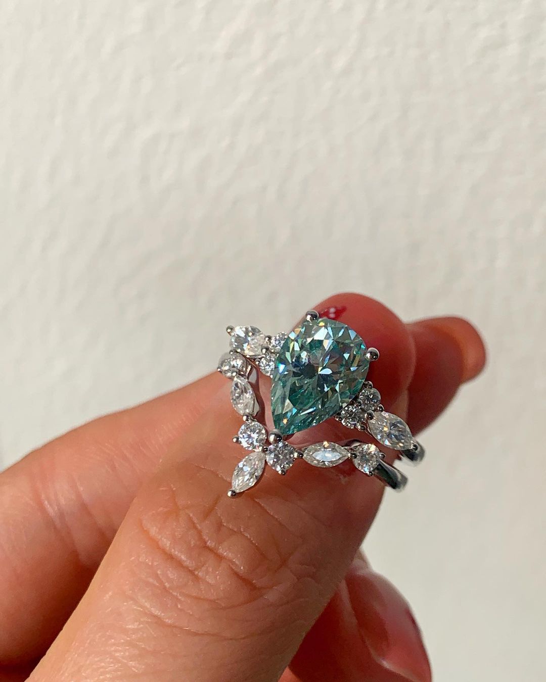 2.80Ct Green Blue Pear Cut Moissanite Solitaire Ring Set | Anniversary Gift Ring Set For Wife | Wedding Ring Set For Bridal | Fashion Jewelry