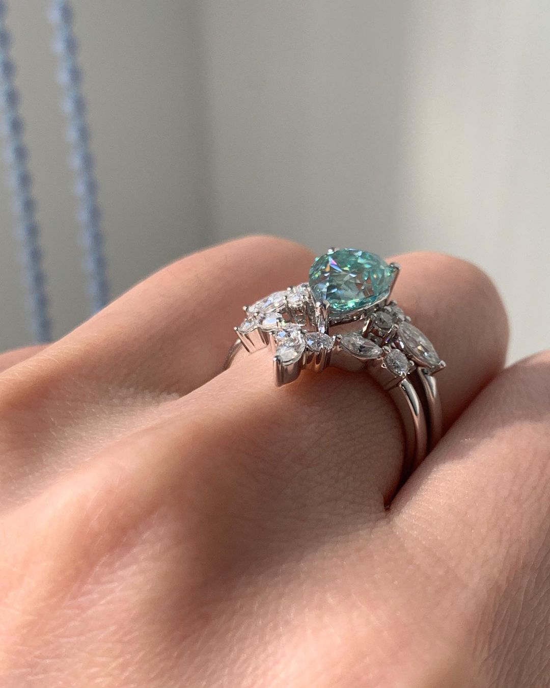 2.80Ct Green Blue Pear Cut Moissanite Solitaire Ring Set | Anniversary Gift Ring Set For Wife | Wedding Ring Set For Bridal | Fashion Jewelry